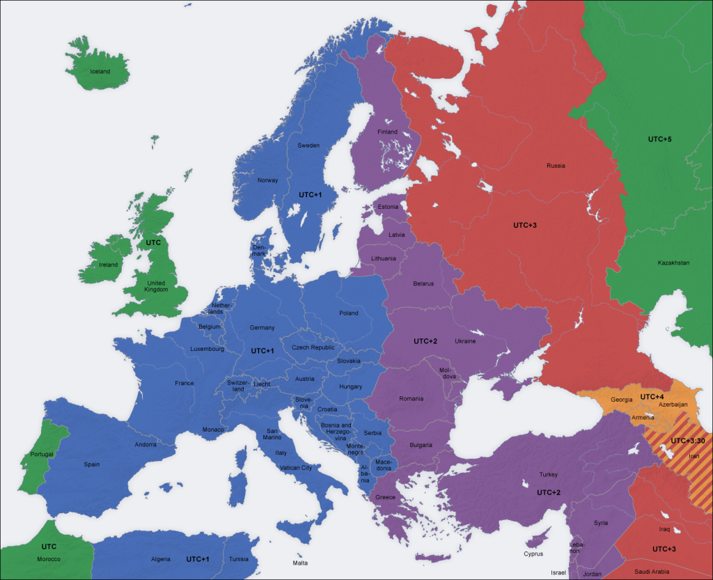 De olika tidszonerna i Europa - och som ni ser ligger Spanien och Portugal i olika zoner
